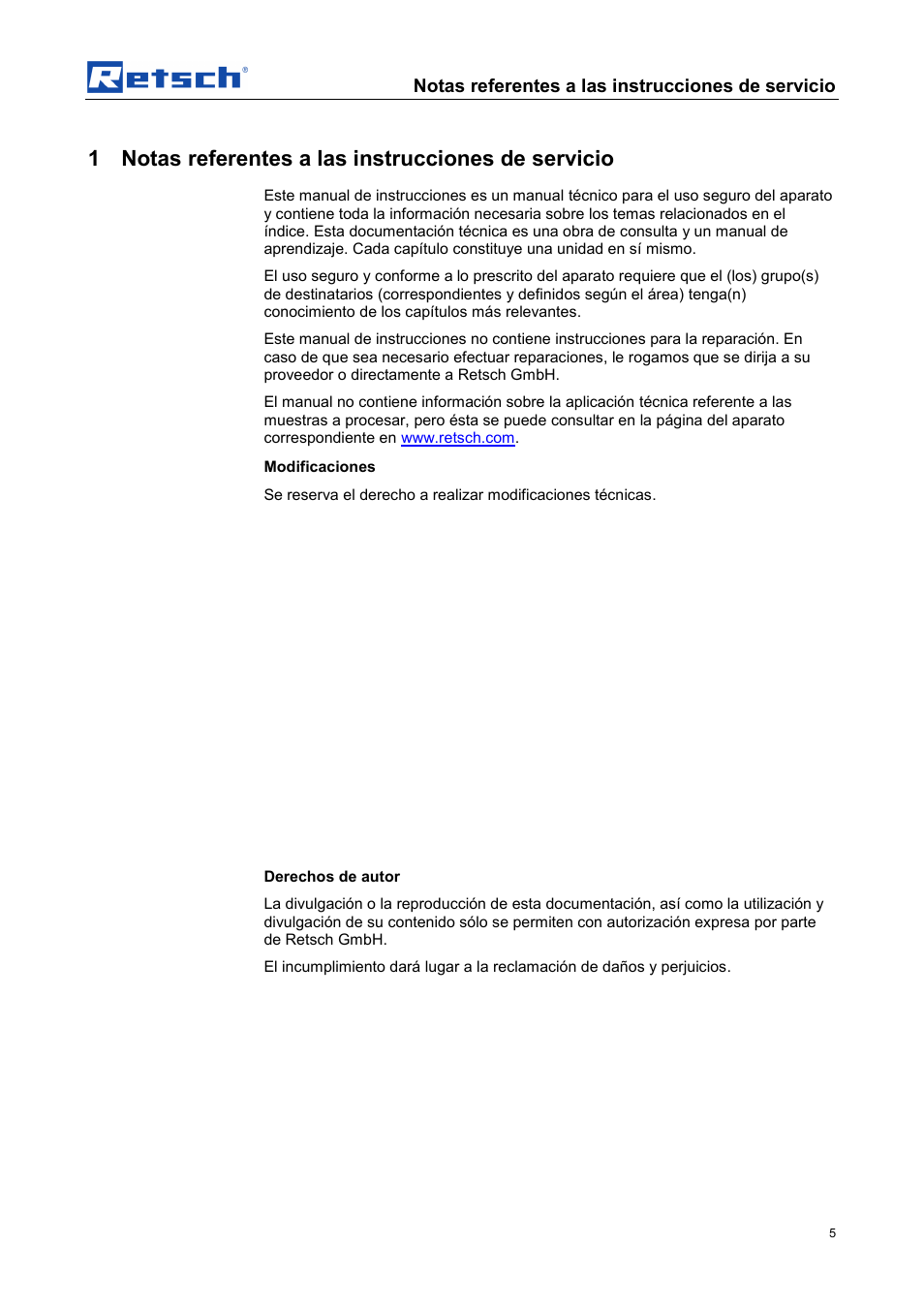 1 notas referentes a las instrucciones de servicio, Notas referentes a las instrucciones de servicio | Retsch DR 100 User Manual | Page 5 / 40