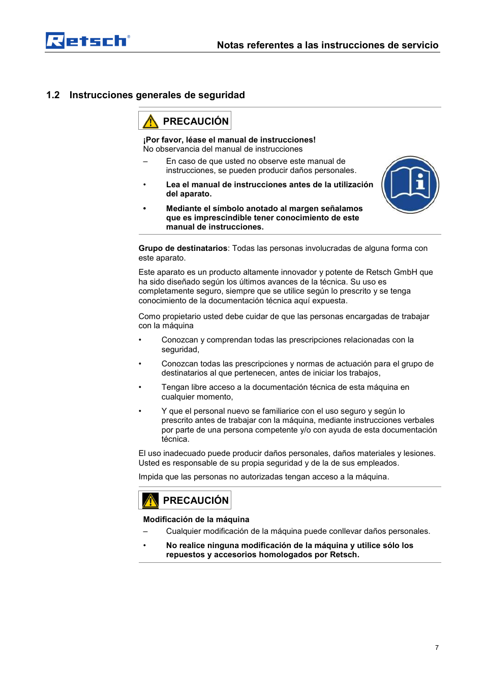 Notas referentes a las instrucciones de servicio, 2 instrucciones generales de seguridad, Precaución | Retsch DR 100 User Manual | Page 7 / 40