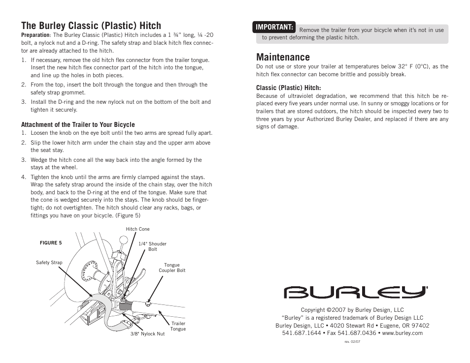 Burley Classic (Plastic) Hitch User Manual | 1 page