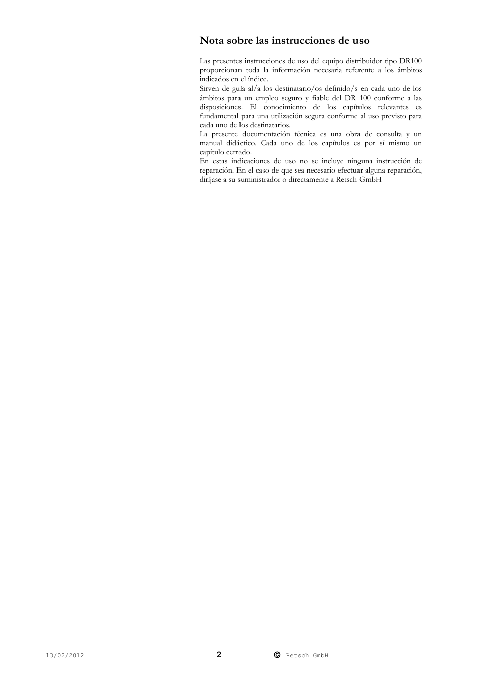 Nota sobre las instrucciones de uso | Retsch DR 100 User Manual | Page 2 / 28
