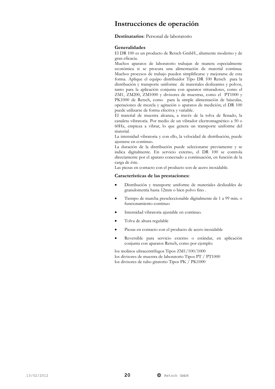 Instrucciones de operación | Retsch DR 100 User Manual | Page 20 / 28