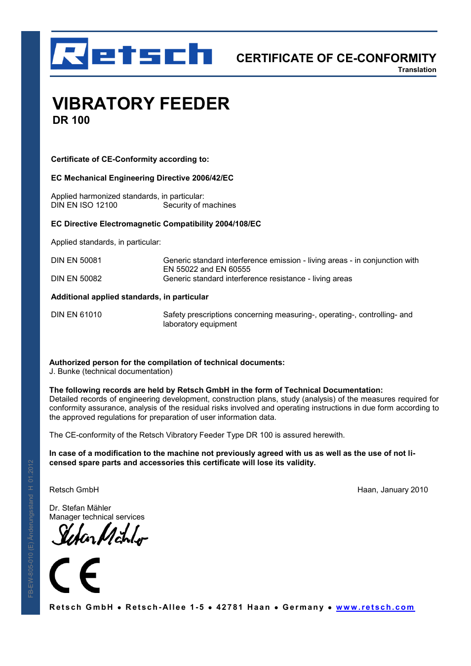 Vibratory feeder, Certificate of ce-conformity, Dr 100 | Retsch DR 100 User Manual | Page 25 / 28