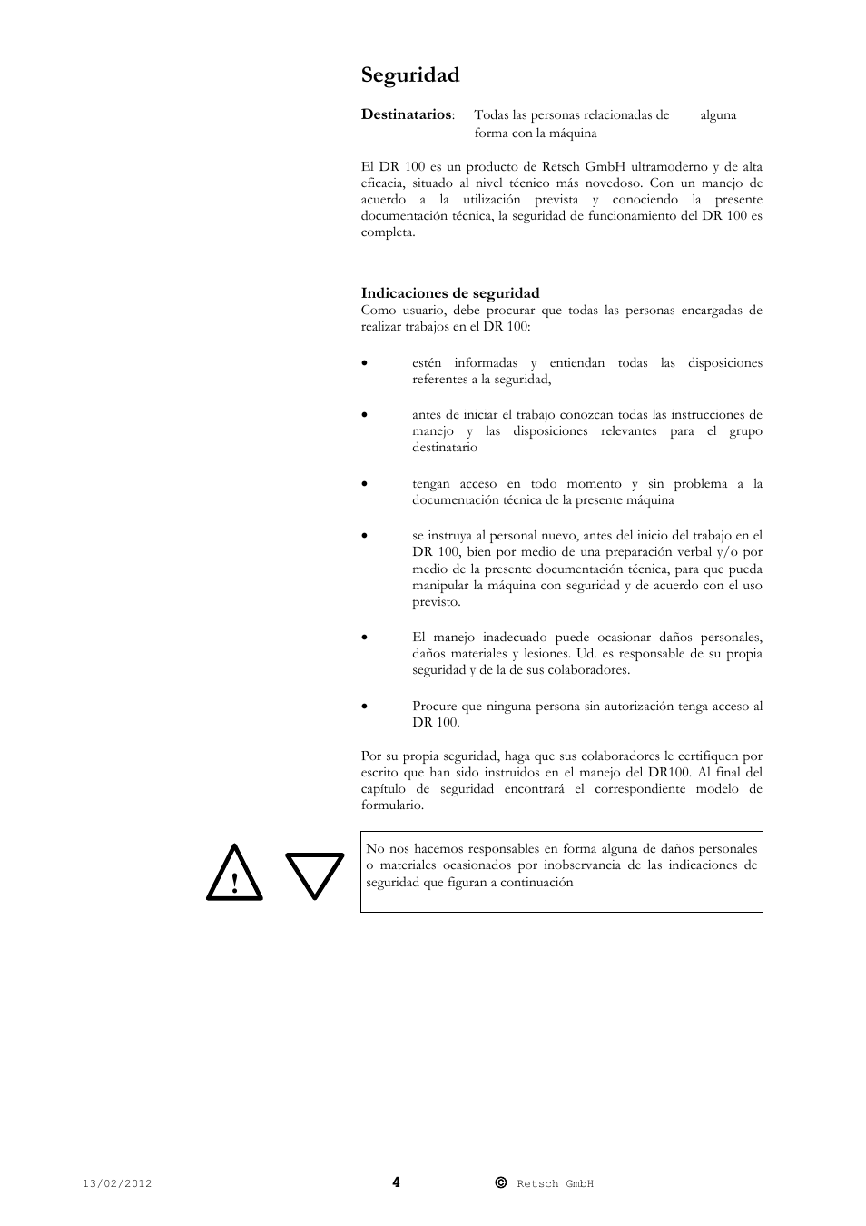 Seguridad | Retsch DR 100 User Manual | Page 4 / 28