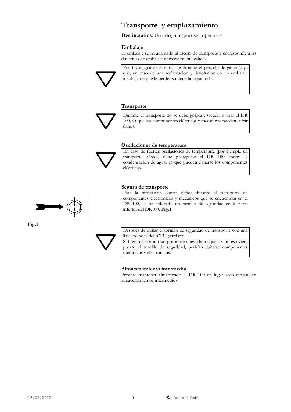 Transporte y emplazamiento | Retsch DR 100 User Manual | Page 7 / 28
