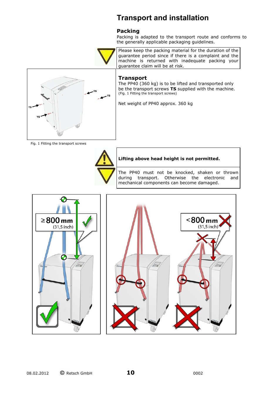 Transport and installation, Packing transport | Retsch PP 40 User Manual | Page 10 / 28