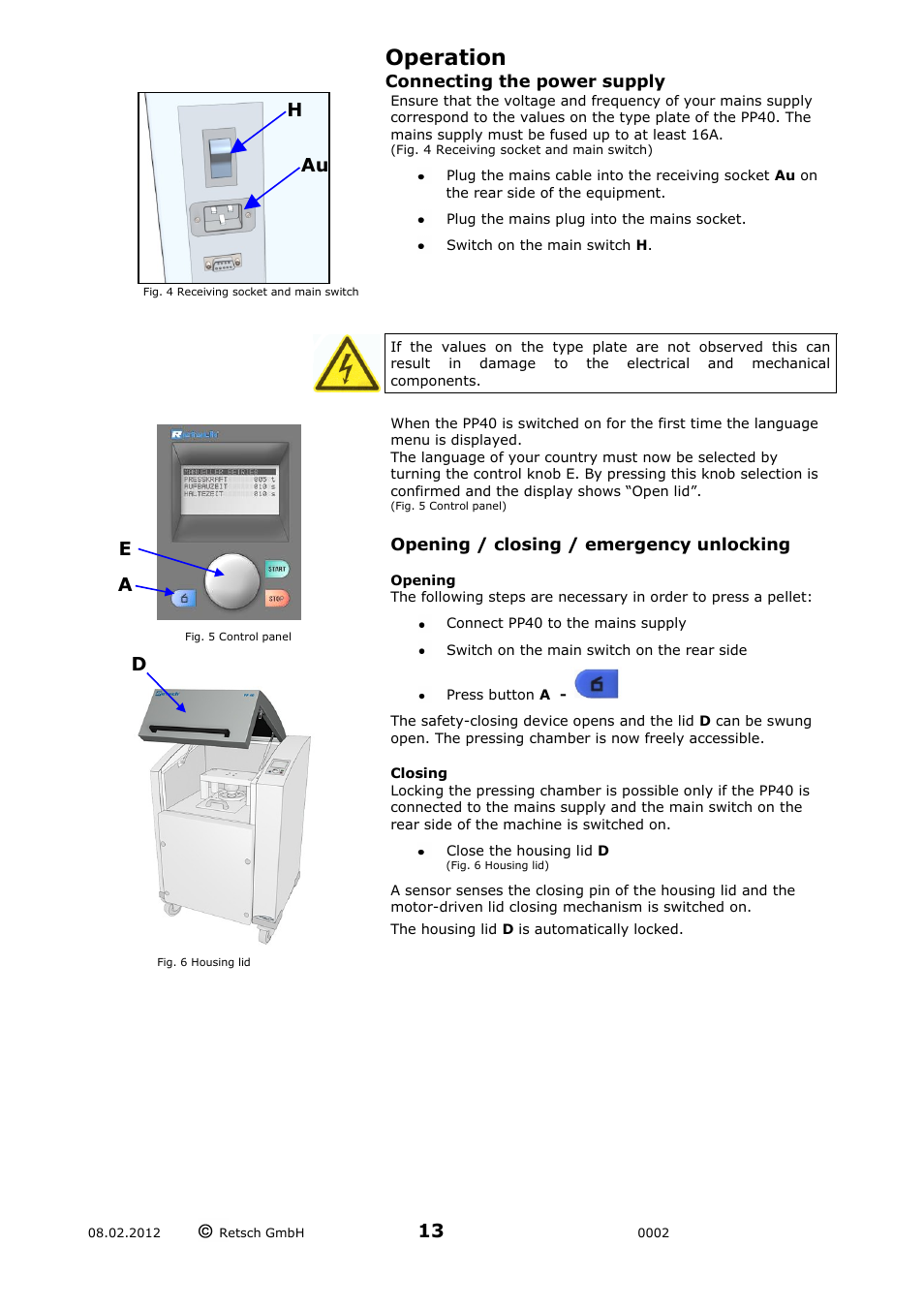 Operation, H au d | Retsch PP 40 User Manual | Page 13 / 28