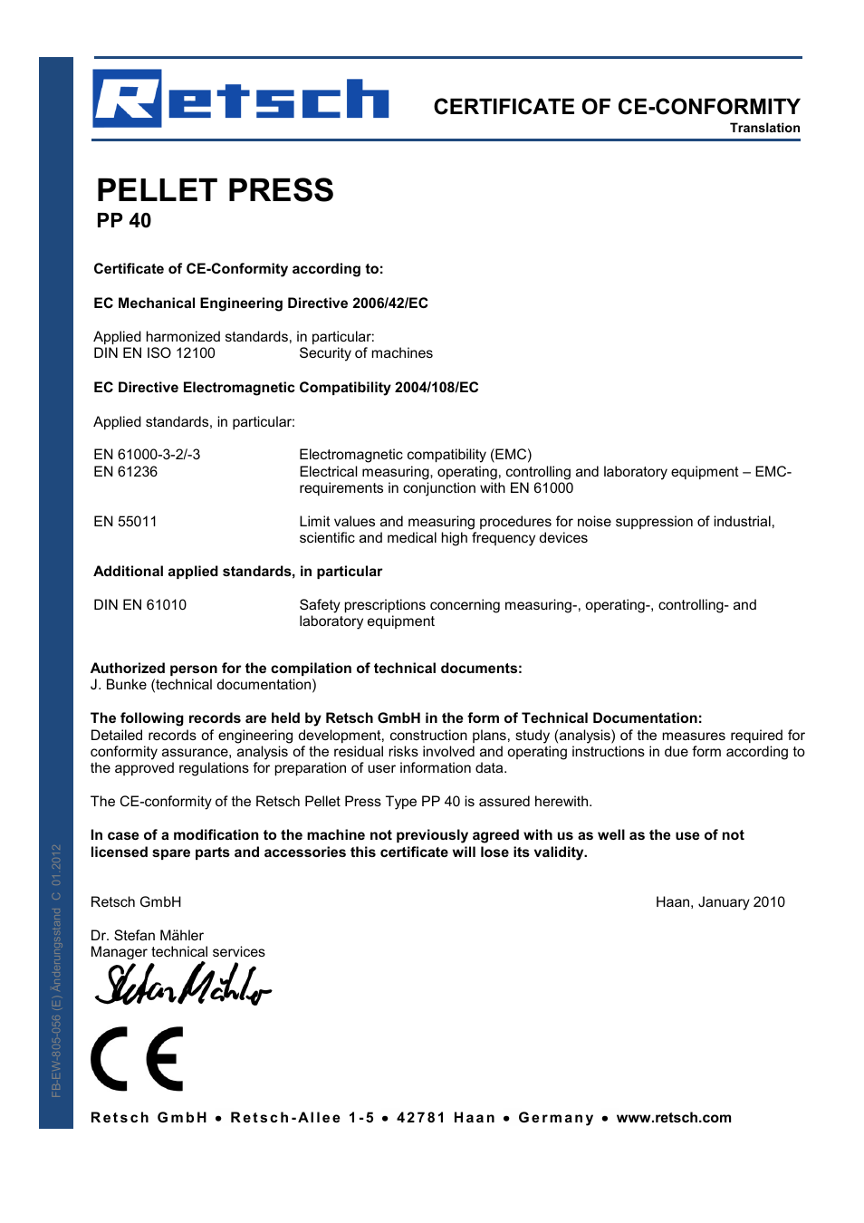 Pellet press, Certificate of ce-conformity, Pp 40 | Retsch PP 40 User Manual | Page 25 / 28