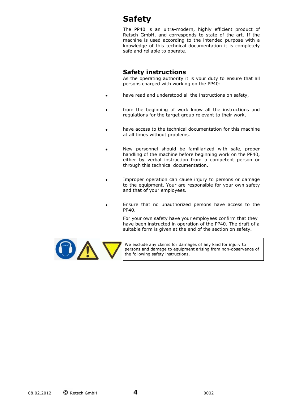 Safety, Safety instructions | Retsch PP 40 User Manual | Page 4 / 28