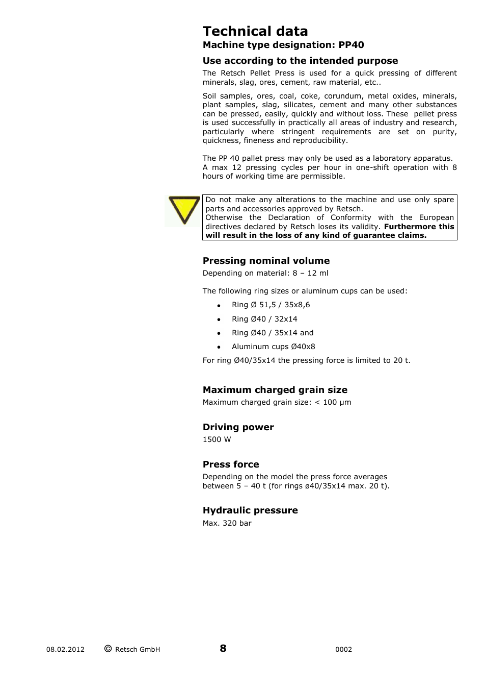 Technical data | Retsch PP 40 User Manual | Page 8 / 28