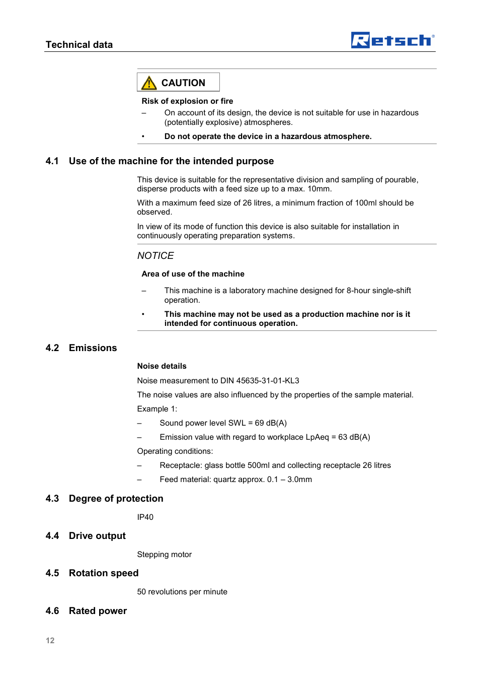 Technical data, Caution, 1 use of the machine for the intended purpose | Notice, 2 emissions, 3 degree of protection, 4 drive output, 5 rotation speed, 6 rated power | Retsch PT 200 User Manual | Page 12 / 36