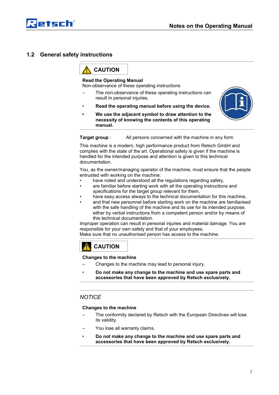 2 general safety instructions, Caution, Notice | Retsch PT 200 User Manual | Page 7 / 36