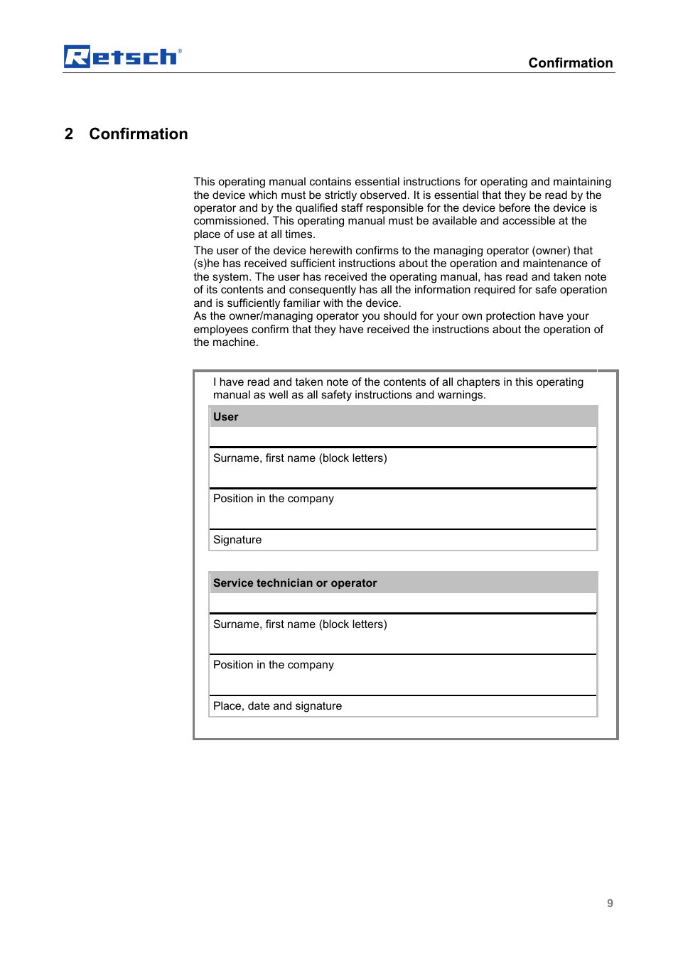 2 confirmation, Confirmation | Retsch PT 200 User Manual | Page 9 / 36