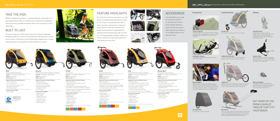 Take the kids, Built to last, Accessorize | Feature highlights, Encore, D’lite, Solo, Honey bee, Conversion kits hitches accessories | Burley Travoy User Manual | Page 2 / 2