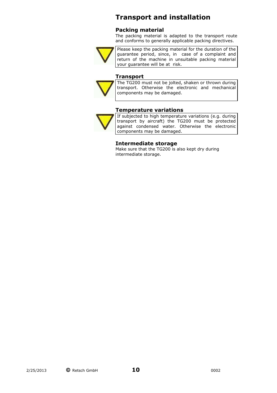 Transport and installation | Retsch TG 200 User Manual | Page 10 / 28