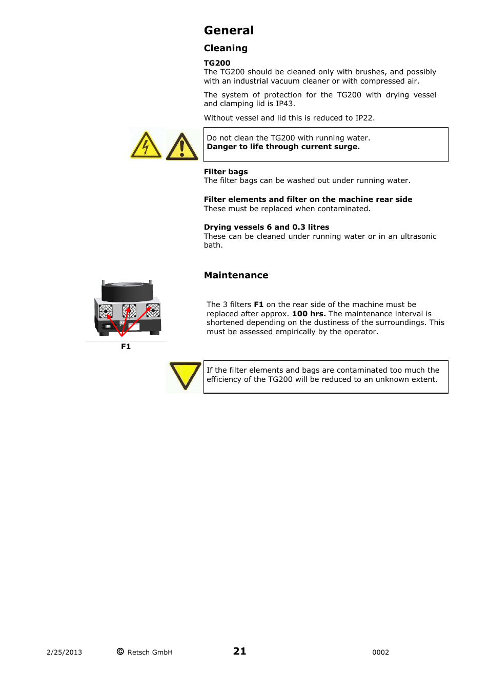 General, Cleaning maintenance | Retsch TG 200 User Manual | Page 21 / 28