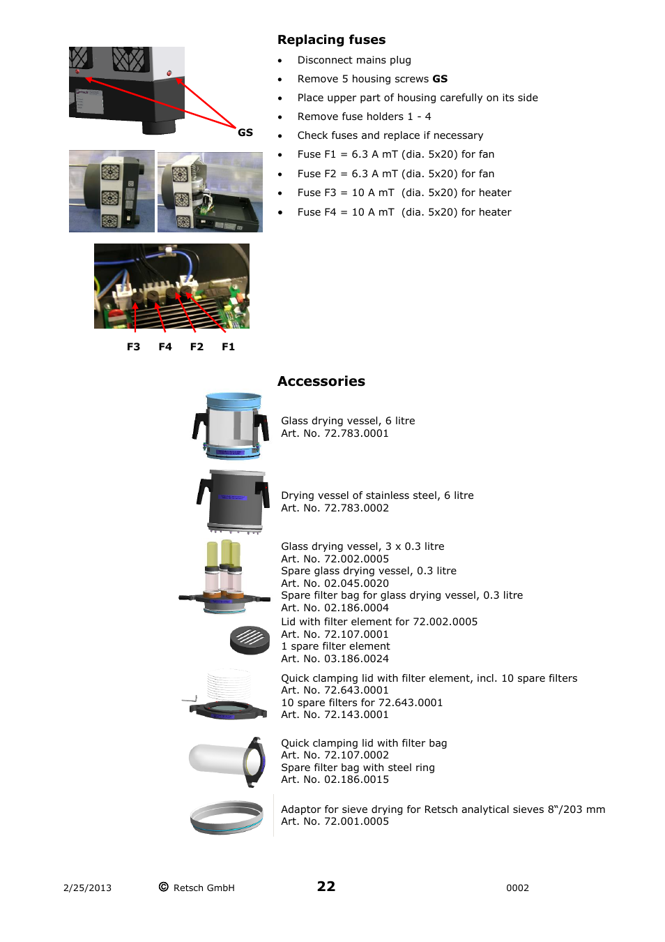 Replacing fuses accessories, Accessories | Retsch TG 200 User Manual | Page 22 / 28