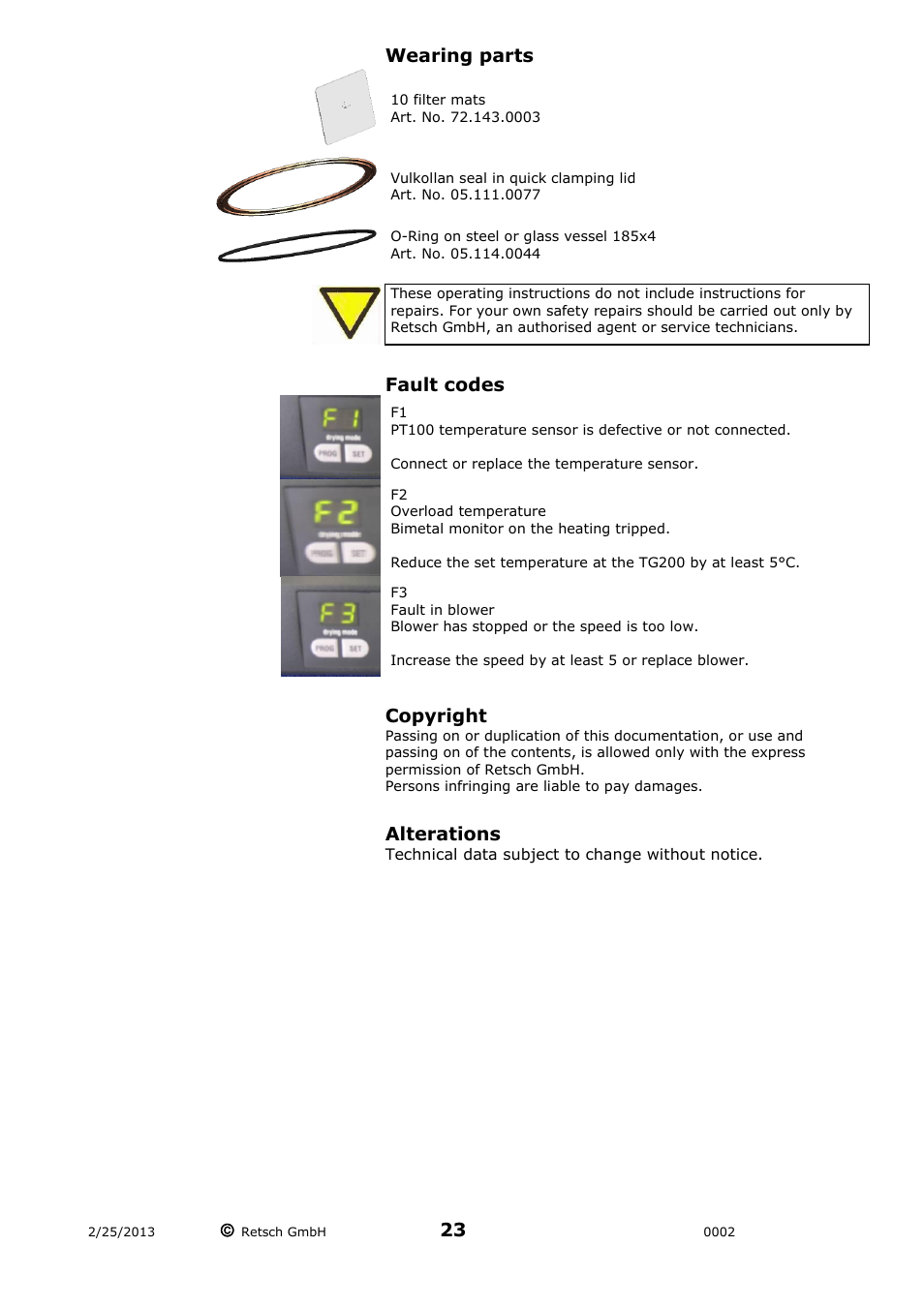 Wearing parts fault codes copyright alterations | Retsch TG 200 User Manual | Page 23 / 28