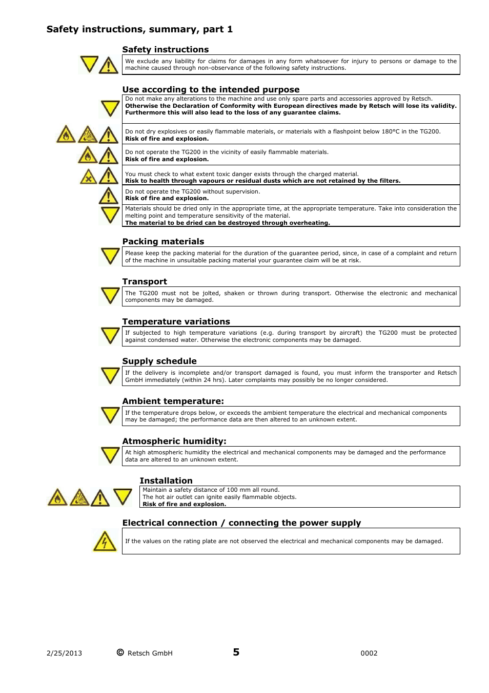 Safety instructions, summary, part 1 | Retsch TG 200 User Manual | Page 5 / 28
