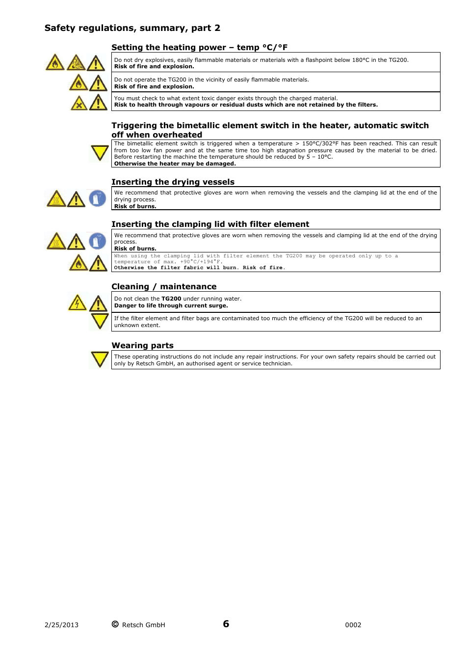 Safety regulations, summary, part 2 | Retsch TG 200 User Manual | Page 6 / 28