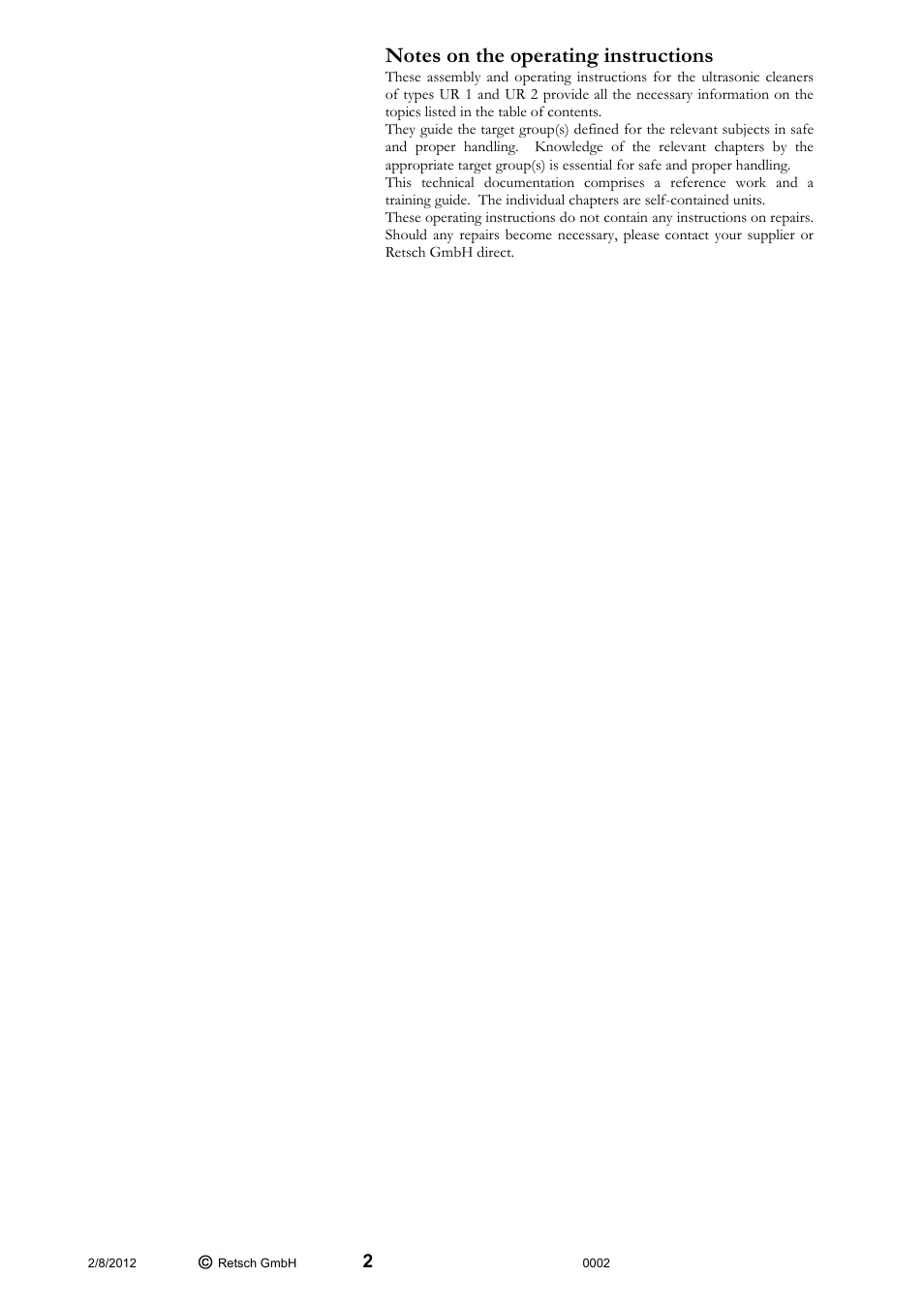 Retsch UR 2 User Manual | Page 2 / 24
