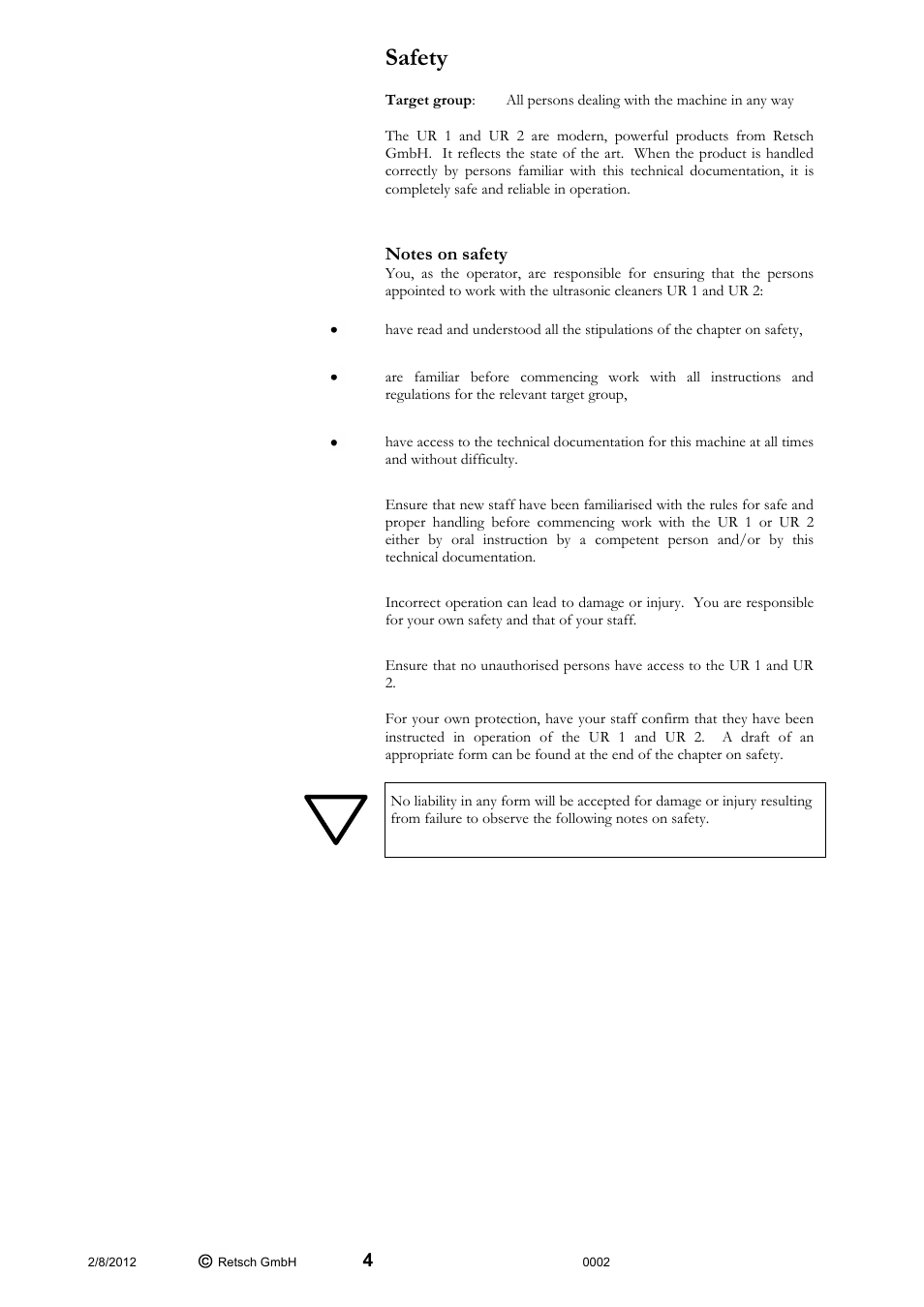 Safety | Retsch UR 2 User Manual | Page 4 / 24