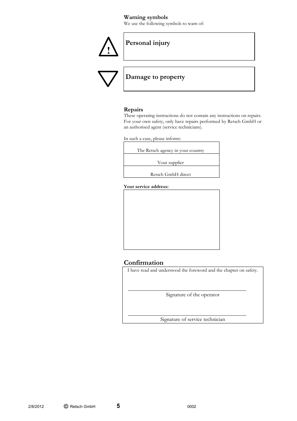 Personal injury, Damage to property, Confirmation | Retsch UR 2 User Manual | Page 5 / 24