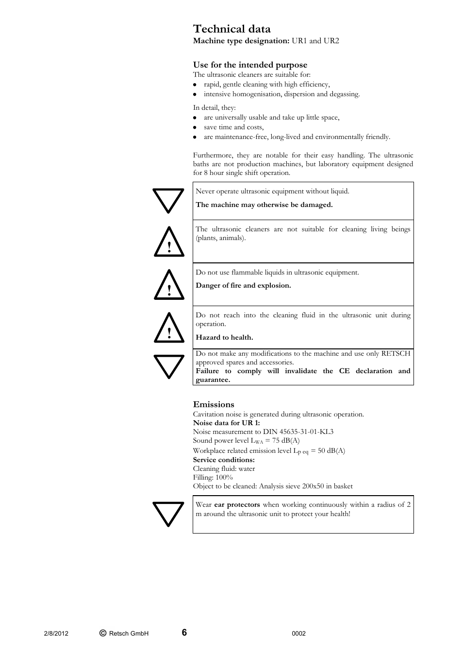 Technical data | Retsch UR 2 User Manual | Page 6 / 24
