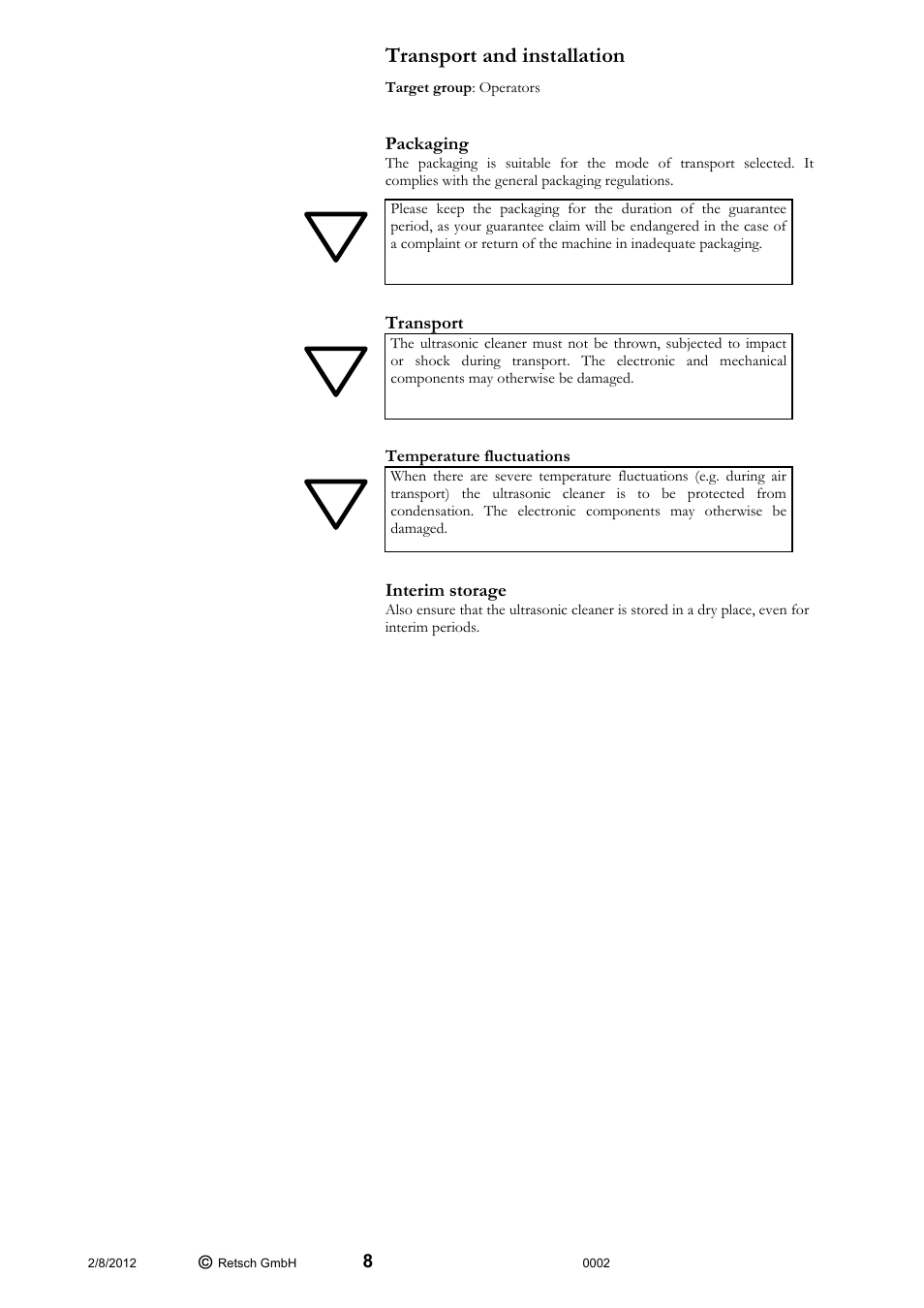 Transport and installation | Retsch UR 2 User Manual | Page 8 / 24