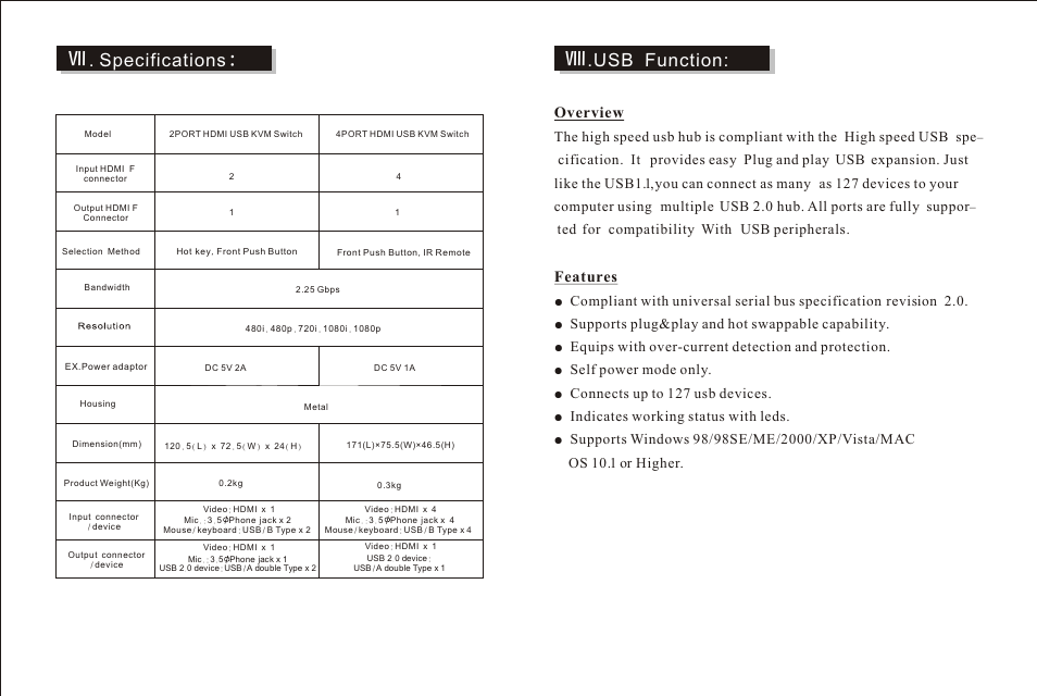 页面 6, Function, Specifications | Overview, Features, Supports plug&play and hot swappable capability, Equips with over-current detection and protection, Self power mode only, Connects up to 127 usb devices, Indicates working status with leds | RF-Link HUK-1020 HDMI USB KVM Switch User Manual | Page 6 / 6