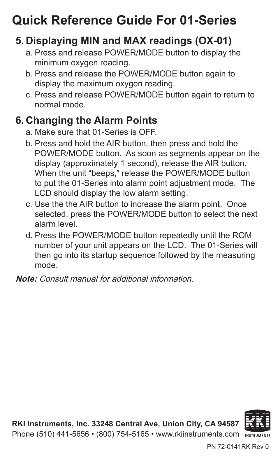 Quick reference guide for 01-series, Displaying min and max readings (ox-01), Changing the alarm points | RKI Instruments 01 Series Quik Start User Manual | Page 2 / 2