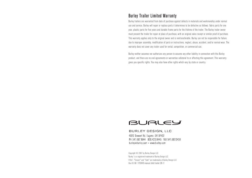 Burley trailer limited warranty | Burley LE Tiger d'lite User Manual | Page 12 / 12