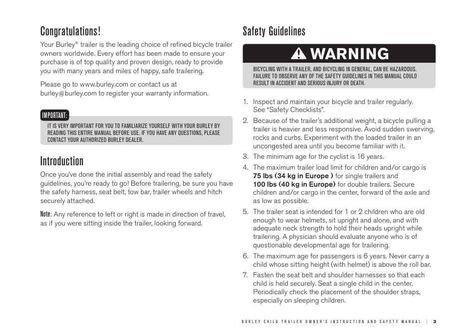 Warning, Introduction, Safety guidelines | Burley LE Tiger d'lite User Manual | Page 3 / 12