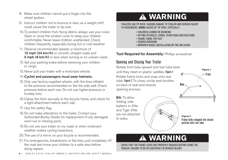 Warning, Opening and closing your trailer | Burley LE Tiger d'lite User Manual | Page 4 / 12
