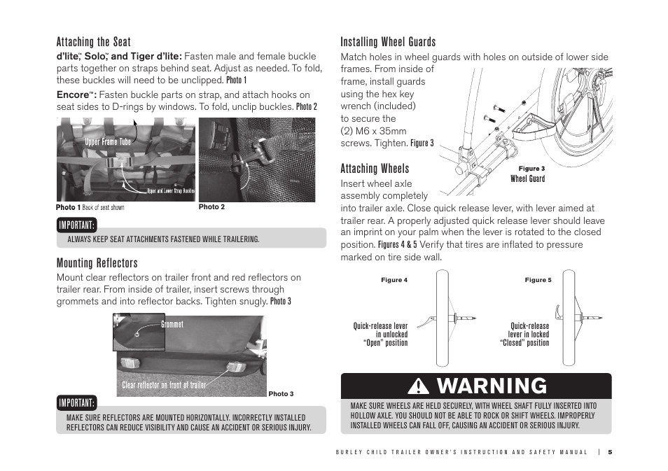 Warning, Attaching the seat, Mounting reflectors | Installing wheel guards, Attaching wheels | Burley LE Tiger d'lite User Manual | Page 5 / 12