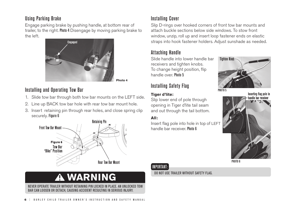 Warning, Using parking brake, Installing and operating tow bar | Installing cover, Attaching handle, Installing safety flag | Burley LE Tiger d'lite User Manual | Page 6 / 12