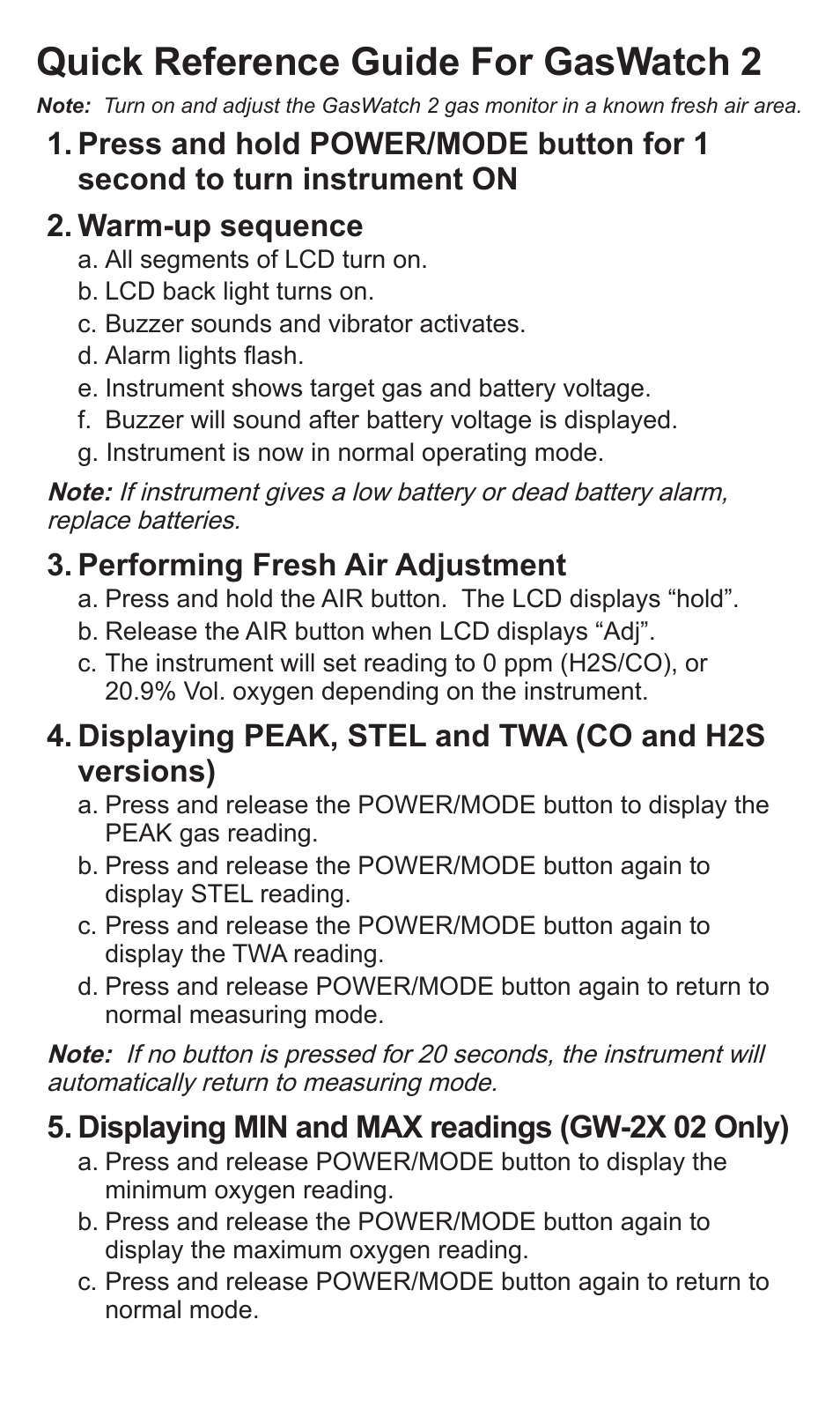 RKI Instruments GasWatch 2 Quik Start User Manual | 2 pages
