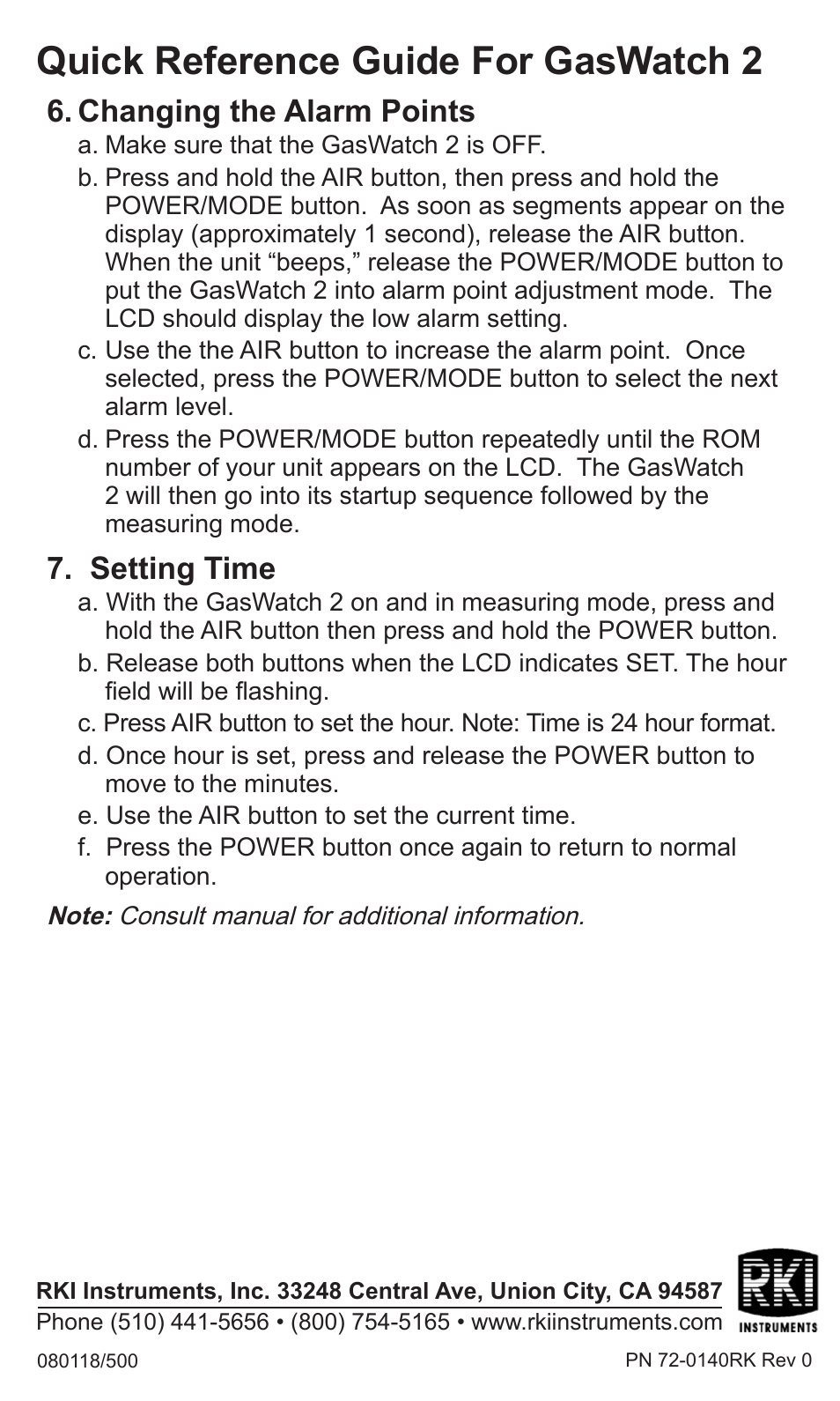Quick reference guide for gaswatch 2, Changing the alarm points, Setting time | RKI Instruments GasWatch 2 Quik Start User Manual | Page 2 / 2
