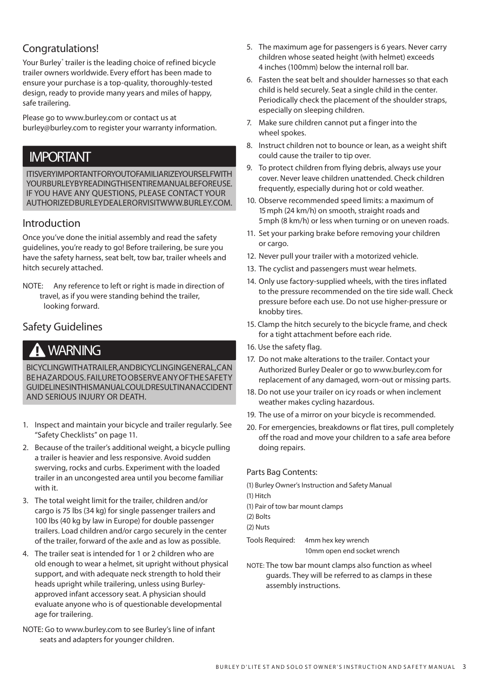 Important, Warning, Introduction | Safety guidelines | Burley Solo ST User Manual | Page 3 / 16