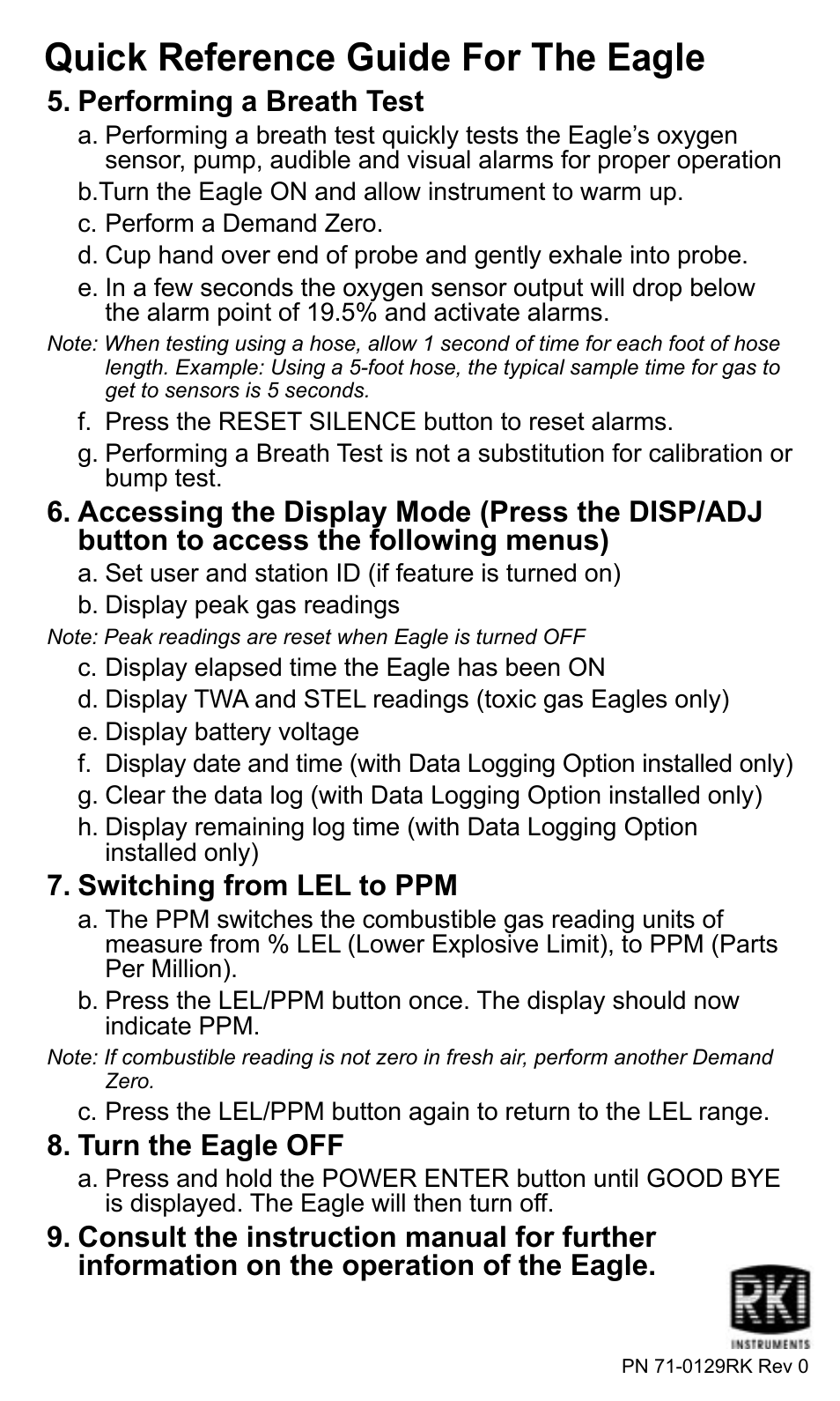 Quick reference guide for the eagle | RKI Instruments Eagle 1 Quik Start User Manual | Page 2 / 2