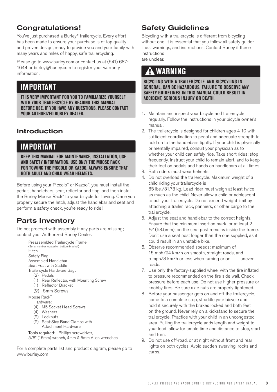 Important, Warning, Introduction | Parts inventory, Safety guidelines | Burley Piccolo User Manual | Page 3 / 8