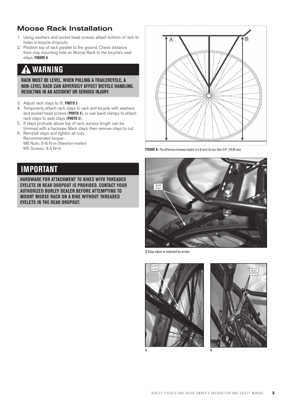 Warning important, Moose rack installation | Burley Piccolo User Manual | Page 5 / 8