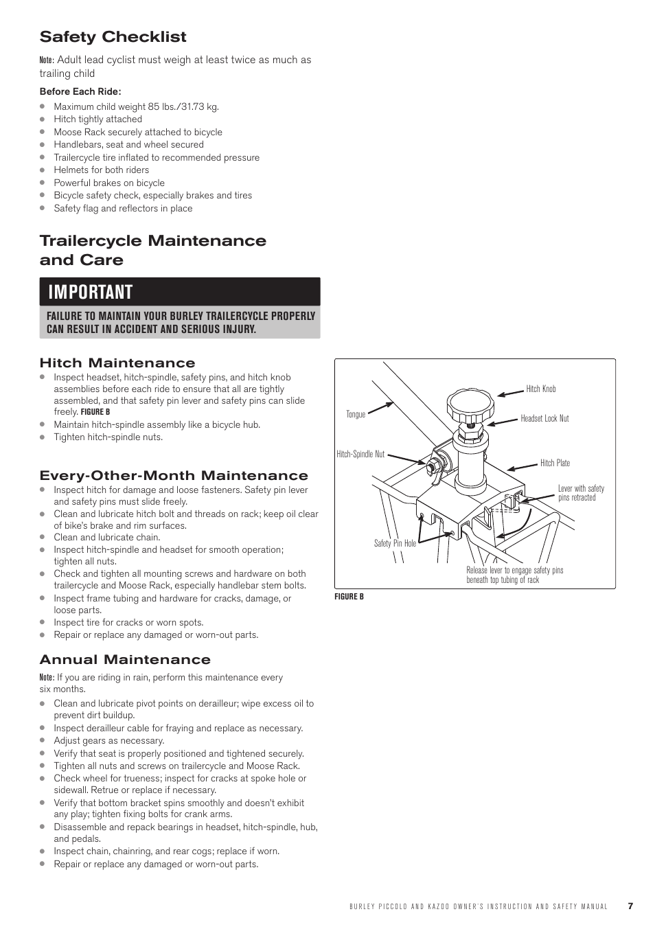 Important, Safety checklist, Trailercycle maintenance and care | Hitch maintenance, Every-other-month maintenance, Annual maintenance | Burley Piccolo User Manual | Page 7 / 8