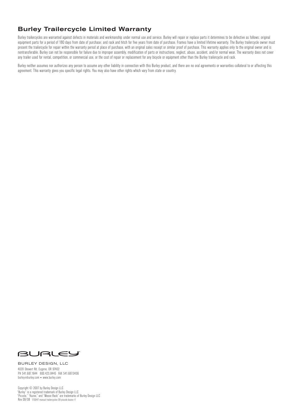 Burley trailercycle limited warranty | Burley Piccolo User Manual | Page 8 / 8