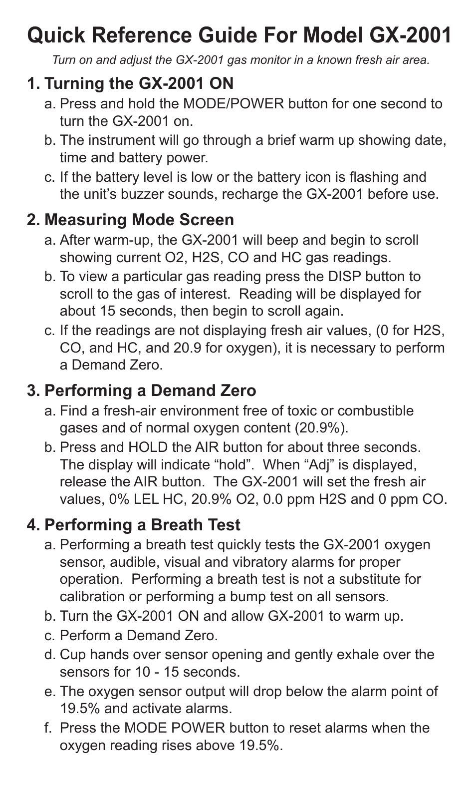 RKI Instruments GX-2001 Quik Start User Manual | 2 pages