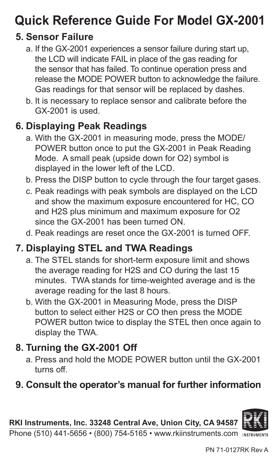 Quick reference guide for model gx-2001 | RKI Instruments GX-2001 Quik Start User Manual | Page 2 / 2