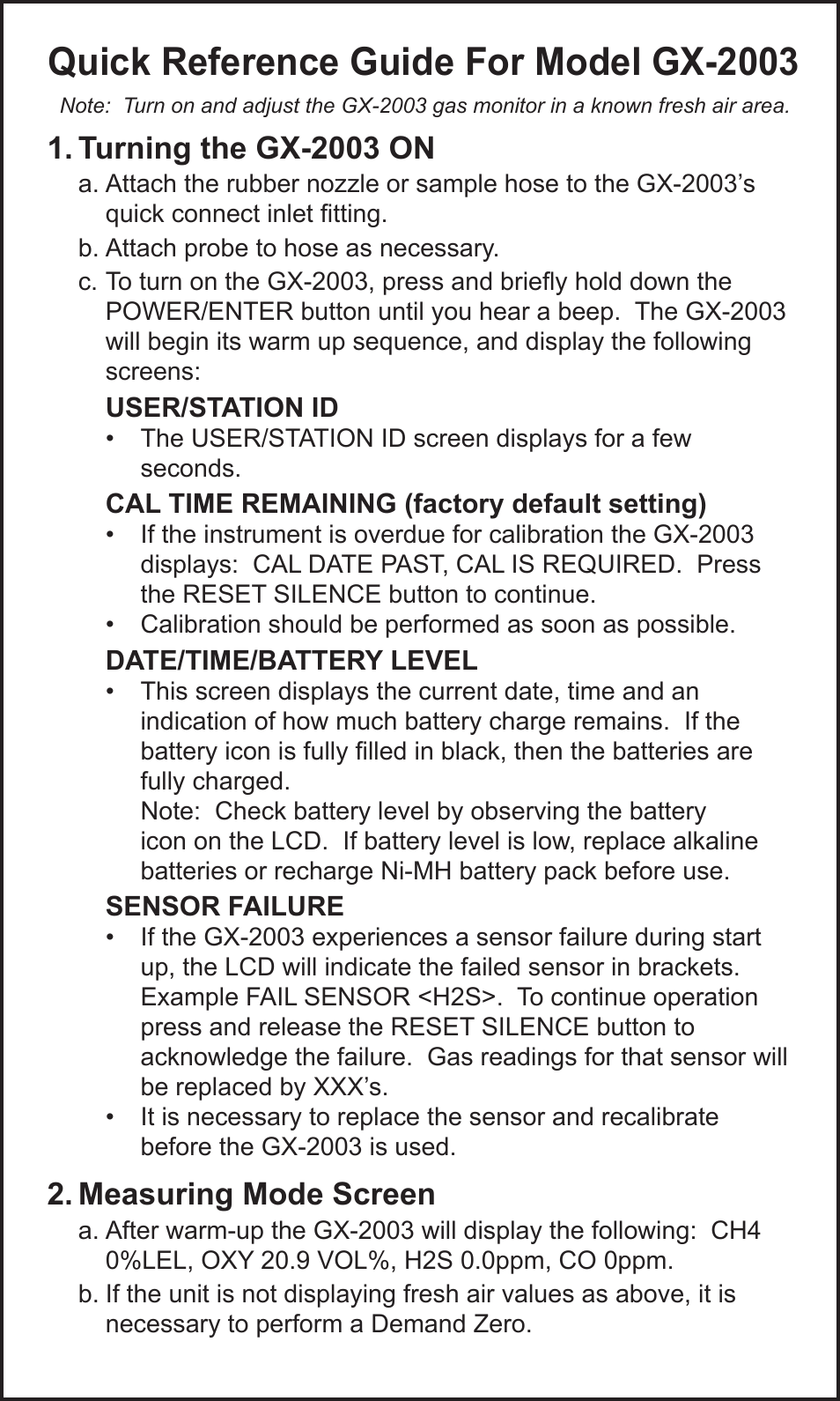 RKI Instruments GX-2003 Quik Start User Manual | 2 pages