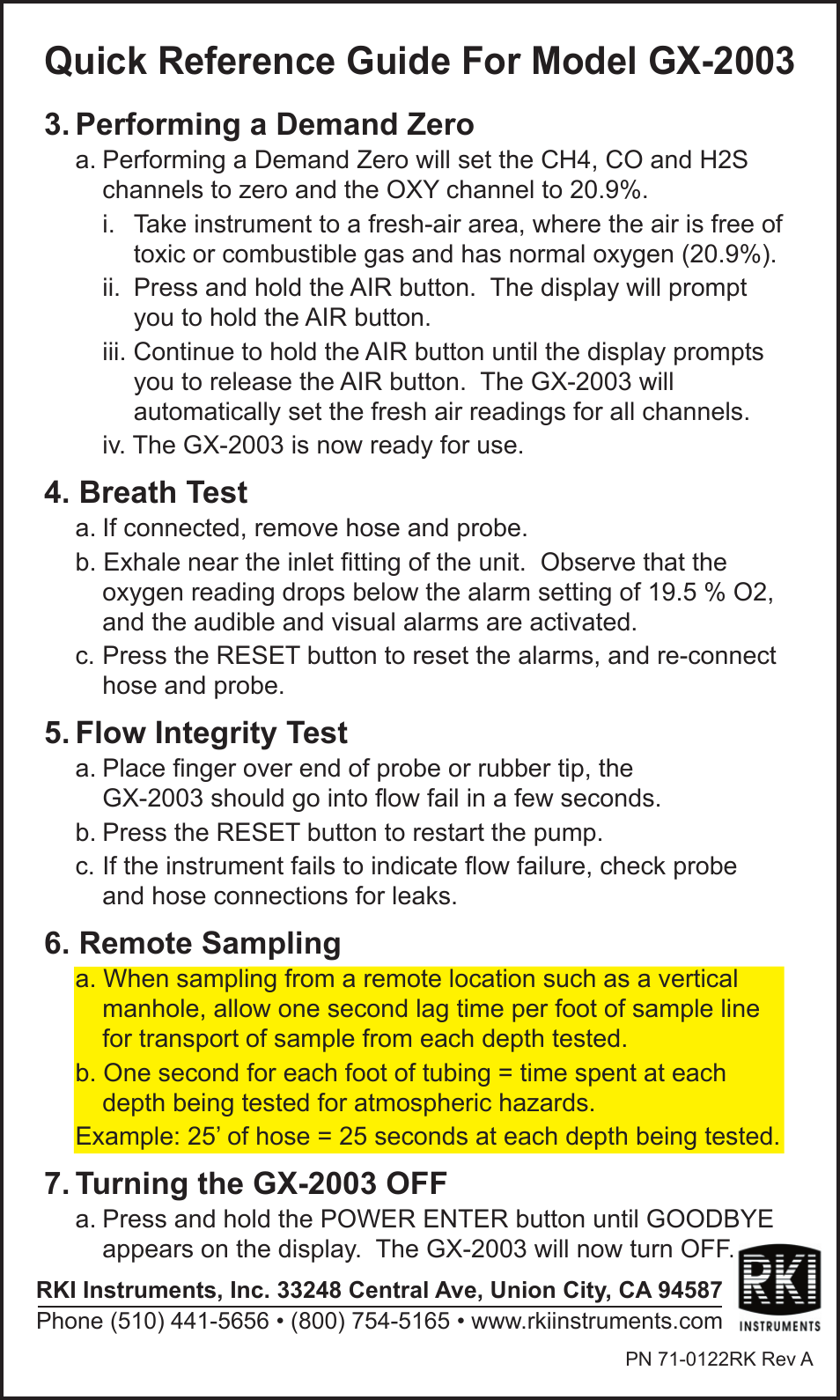 Quick reference guide for model gx-2003, Performing a demand zero, Breath test | Flow integrity test, Remote sampling, Turning the gx-2003 off | RKI Instruments GX-2003 Quik Start User Manual | Page 2 / 2