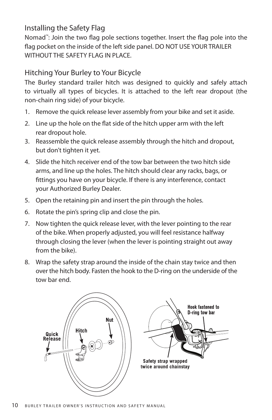 Installing the safety flag, Hitching your burley to your bicycle | Burley Nomad User Manual | Page 10 / 18