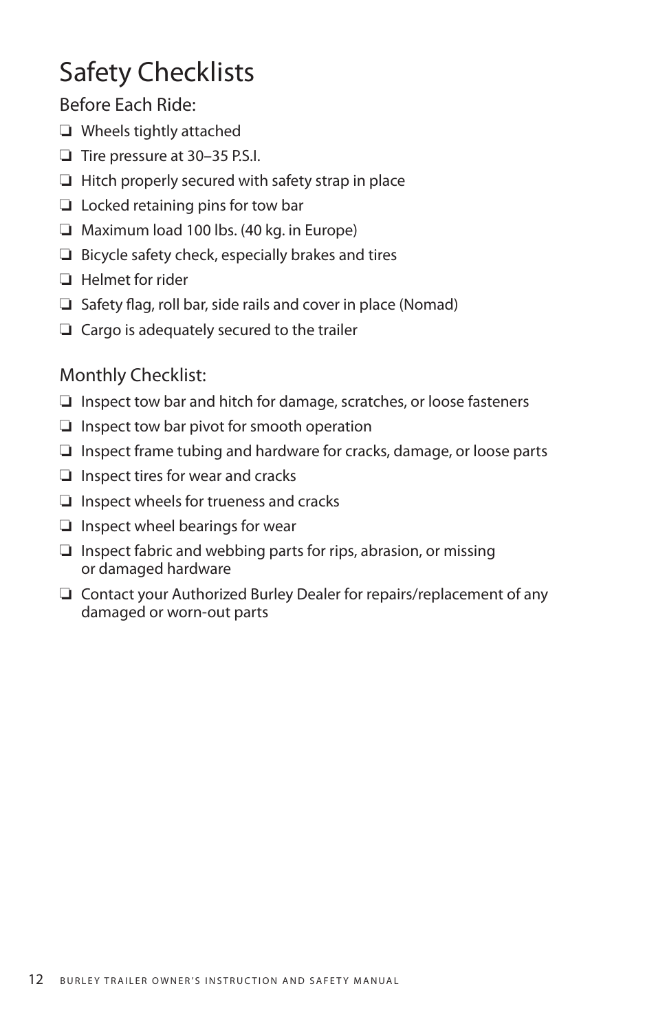 Safety checklists, Before each ride, Monthly checklist | Burley Nomad User Manual | Page 12 / 18