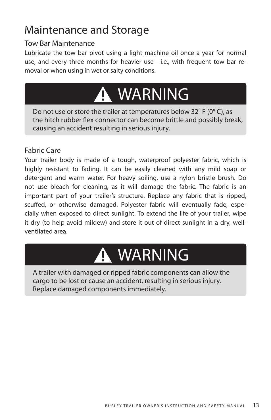 Warning, Maintenance and storage | Burley Nomad User Manual | Page 13 / 18